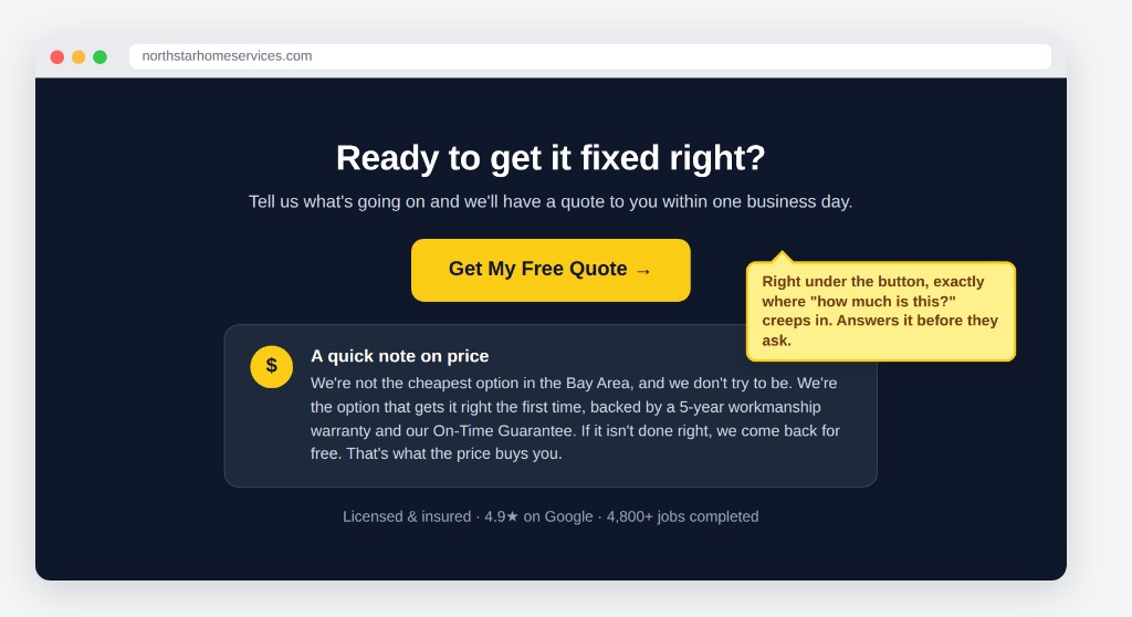 Price objection callout card placed directly below the CTA button on Northstar Home Services website