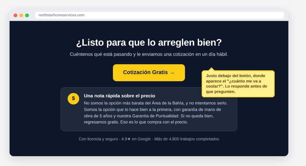 Tarjeta de objeción de precio colocada directamente debajo del botón CTA en el sitio de Northstar Home Services